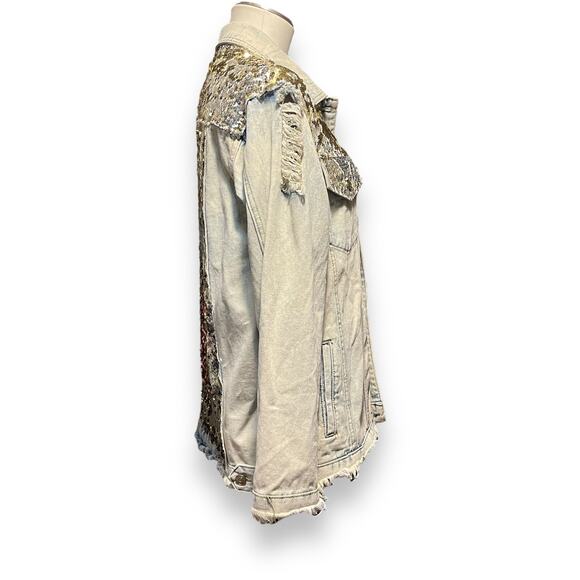 L&B Sequin Denim Jacket Distressed Acid Wash Gold Silver Medium - Picture 7 of 7